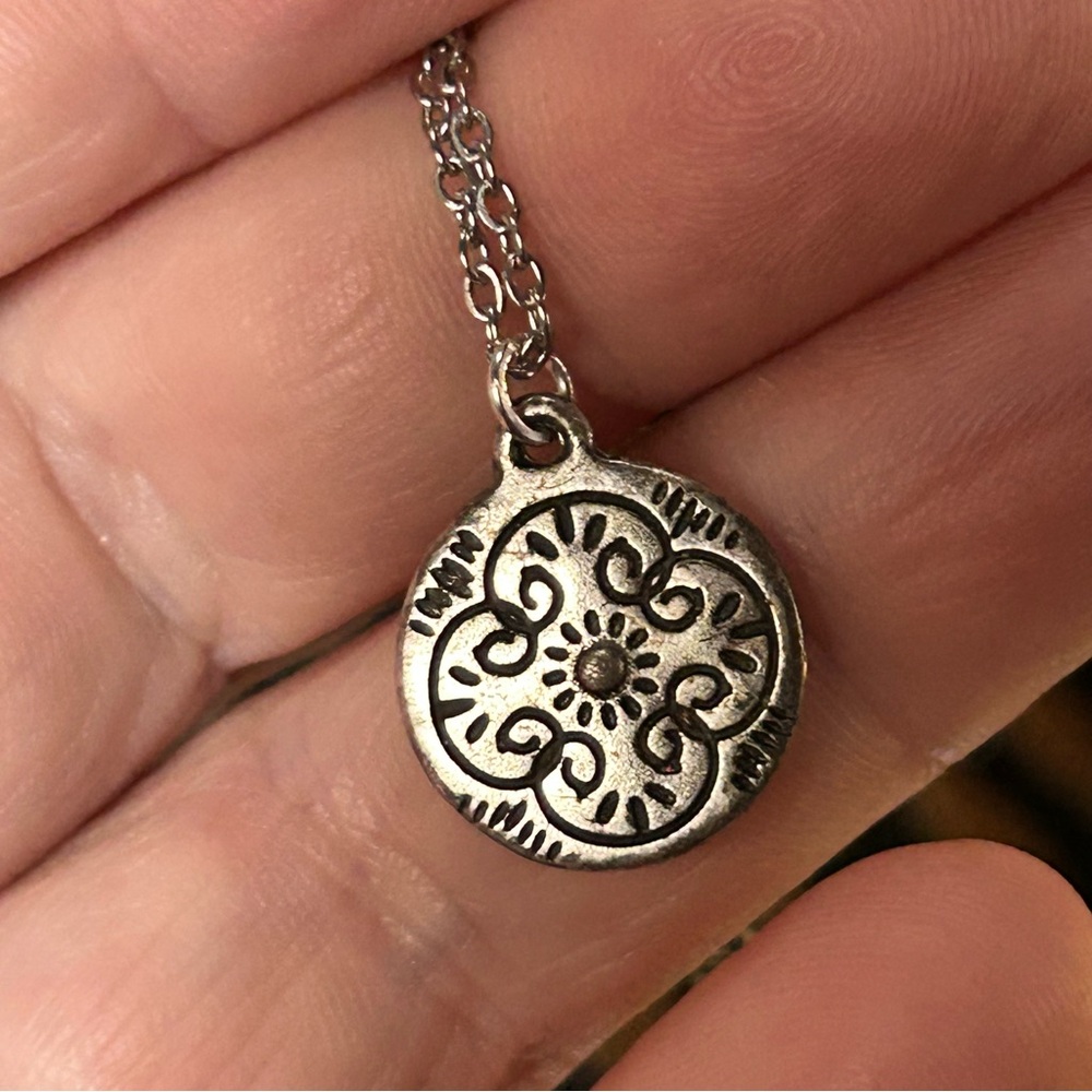 Handcrafted vintage etched medallion pendant on chain necklace